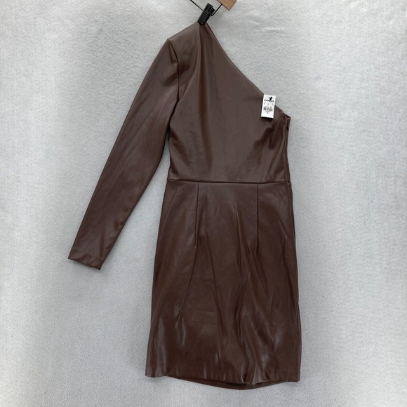 Express Brown Faux Leather One Shoulder Bodycon Dress XS Long Sleeve Party NWT - Picture 13 of 14